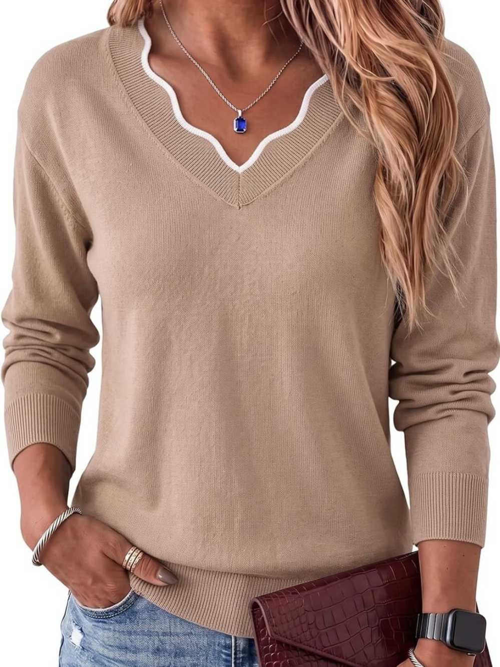 V-Neck Tan Women's Sweater - Classic Comfort
